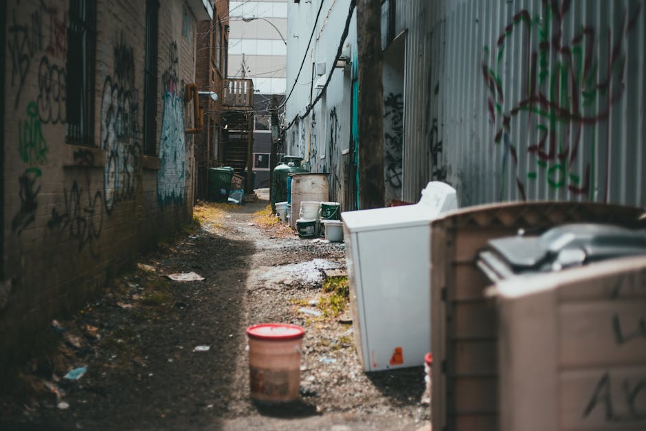 The image depicts a narrow urban alleyway with uneven, dirty ground scattered with small debris and patches of moss. On the right side, a large white washing machine sits partially obstructed, with it